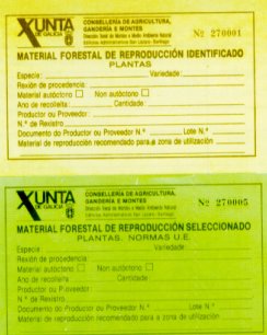 Etiquetas para comercialización de materiales identificados (amarilla) y seleccionados (verde).